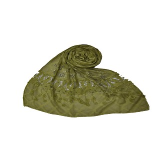 Diamond Work Heavy Lace Hijab With Fringe Stole - Green